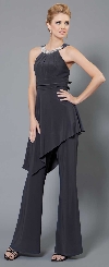 Studded Neckline Pant Dress in Charcoal