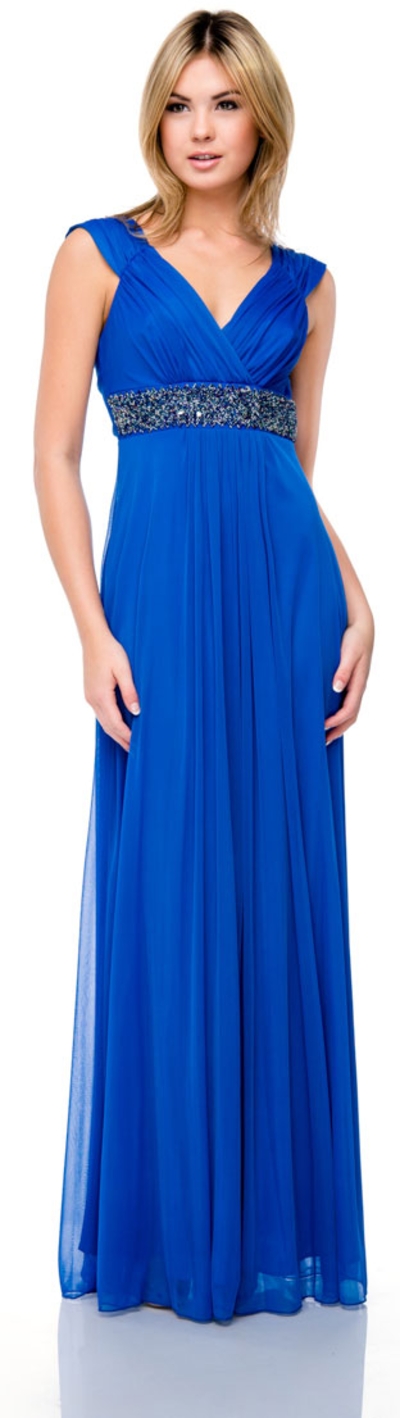 Cap Sleeve Long Formal Dress with Beaded Waist