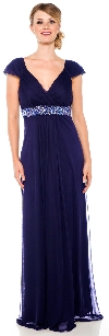 Cap Sleeve Long Formal Dress with Beaded Waist in Navy