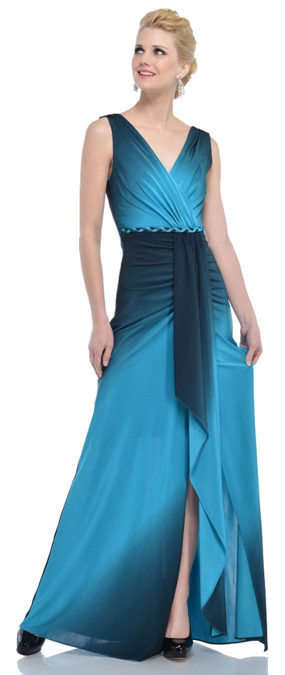 V-neck Wrap Style Ombre Formal Dress with Front Sash
