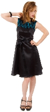 Satin & Lace Short Dress with Detachable belt in Black/Teal