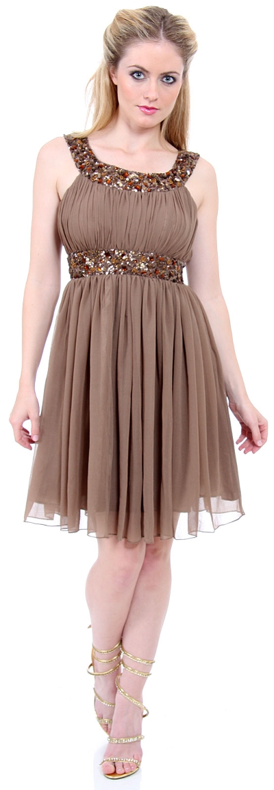 Mocha Sequin-Trim Empire Waist Cocktail Dress