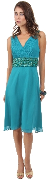 V-Neck Knee Length Formal Party Dress with Pleating  in Teal