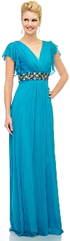 V-Neck Long Formal MOB Dress with Flutter Sleeves in Dark Turquoise