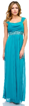 Empire Cut Long Formal Dress with Cap Sleeves  in Dark Turquoise