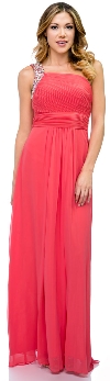 Bejeweled One Shoulder Long Formal Bridesmaid Dress in Coral