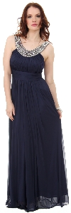 Pearls U-Neck Ruched Long Formal Bridesmaid Dress  in Navy