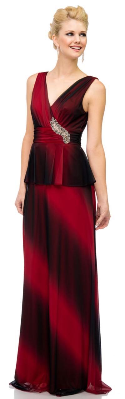 V-Neck Ombre Peplum Long Dress with Decal on Waist