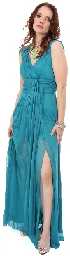 V-Neck Long Formal Dress with Cap Sleeves & Front Slit in Jade Green