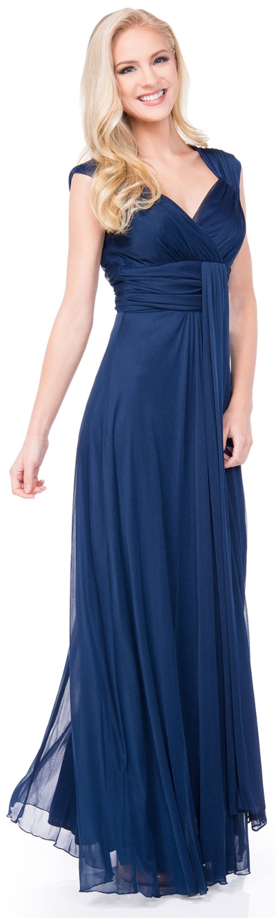V-Neck Long Formal Dress with Cap Sleeves & Front Slit
