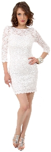 Floral Pattern Lace Short Party Dress with 3/4 Sleeves in Ivory