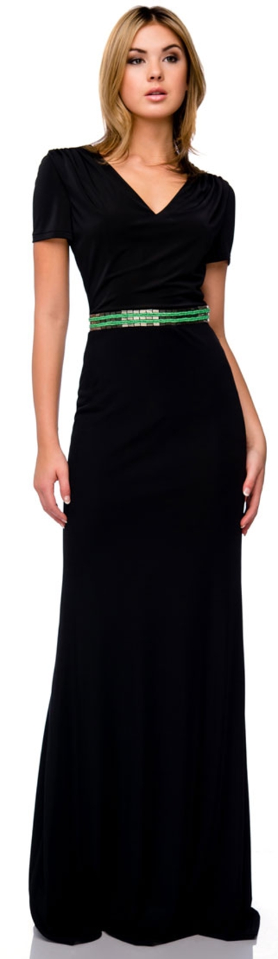 Short Sleeve V-neck Beaded Waist Long Formal Dress