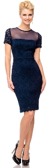 Short Sleeves Form Fitting Short Formal Party Dress in Lace in Navy