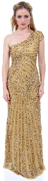Full Length Sophisticated Sequined Evening Gown in Gold color