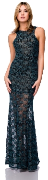 Main image of Racer Front Long Metallic Lace Formal Cocktail Dress