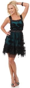 Rosette Pattern Short Formal Party Dress in Mesh in Black/Teal