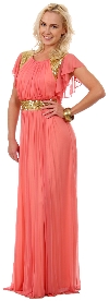 Ruffle Sleeves Long Formal Bridesmaid Dress with Sequins in Coral