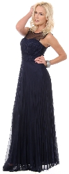 Sheer Neckline Metallic Long Formal Evening Dress in Navy