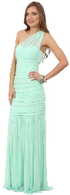One Shoulder Shirred Mermaid Style Long Formal Prom Dress in Mint