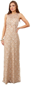 Floral Metallic Lace Long Formal Bridesmaid Dress in Taupe