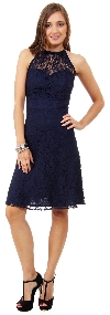 Halter Neck Floral Lace Short Bridesmaid Party Dress in Navy