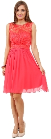 Floral Lace Top Short Bridesmaid Party Dress in Coral
