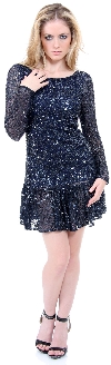 Full Sleeves Flared Skirt Sequined Mini Party Dress in Navy