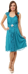 Scoop Neck Broad Shirred Short Bridesmaid Party Dress in Jade Green