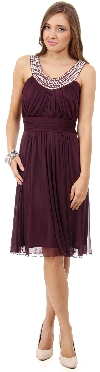 U-Neck Short Party Dress with Pearls & Diamond Accent in Plum
