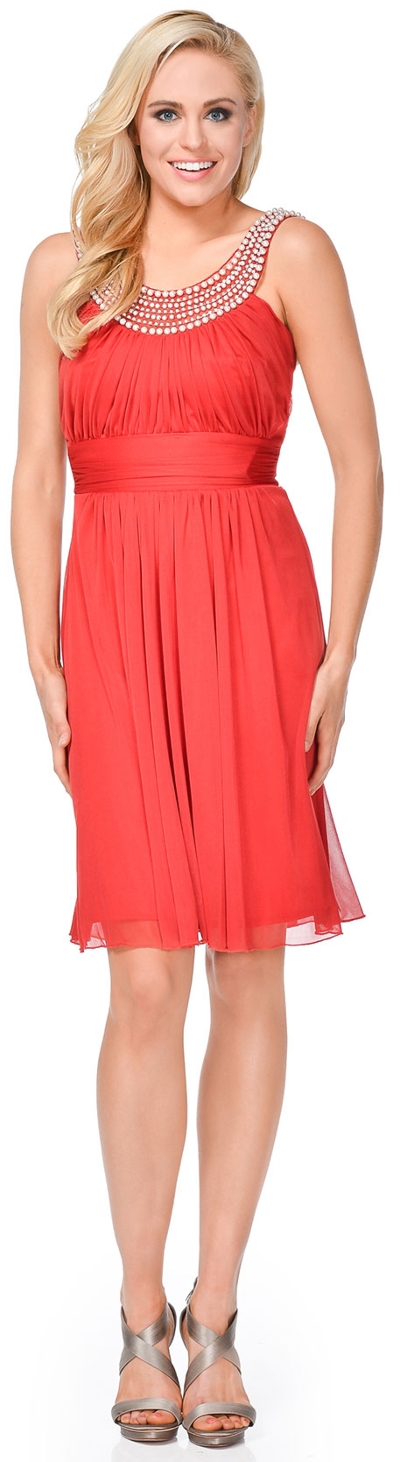 U-Neck Short Party Dress with Pearls & Diamond Accent