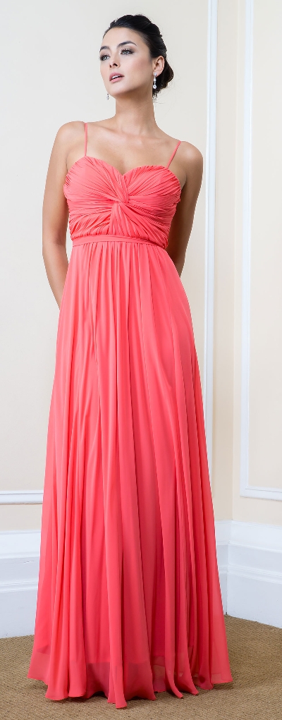 Pleated Bust Spaghetti Straps Long Formal Bridesmaid Dress