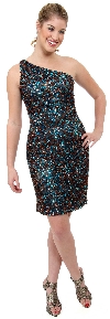 Hand Beaded and Sequined One Shoulder Short Dress in Brown/Turquoise