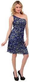 Hand Beaded and Sequined One Shoulder Short Dress in Royal Blue/Yellow