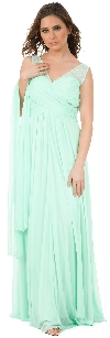 V-Neck Bejeweled Shoulders Ruched Formal Bridesmaid Dress in Mint