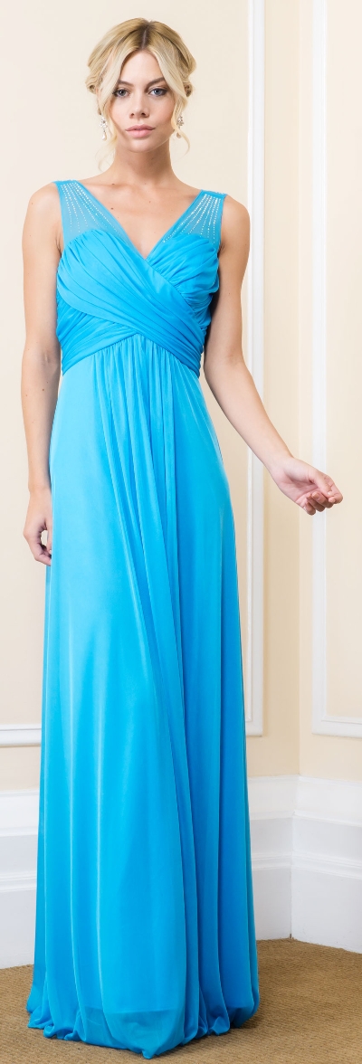 V-Neck Bejeweled Shoulders Ruched Formal Bridesmaid Dress