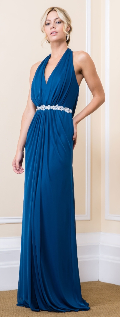 Halter Neck Floral Waist Long Bridesmaid Maxi Dress