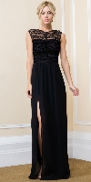 Main image of Lace Top Boat Neck Long Evening Gown with Front Slit