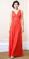 Main image of Floral Lace V-Neck Gathered Long Formal Evening Dress