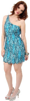 One Shoulder Two Tone Dress with Asymetical Hemline in Turquoise
