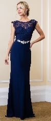 Main image of Lace Bodice Bejeweled Waist Long Formal Evening Dress