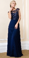 Main image of Boat Neck Sequins Mesh Top Pleated Long Formal Evening Dress