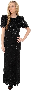 Main image of Long Sequin Beaded Leaf Print Cocktail Dress