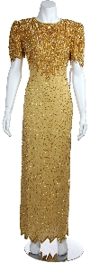 Long Sequin Beaded Leaf Print Cocktail Dress in gold