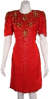 Above the Knee Short Sleeve Sequin Flowered Dress in Red/Gold