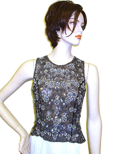 Sleeveless Net Top with Silver Petal Sequins
