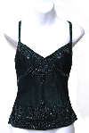 Spaghetti Strapped Silk Beaded Blouse in Black/Green