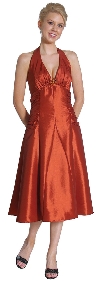 Halter Neck Taffeta Tea Length Party Dress in Rust color