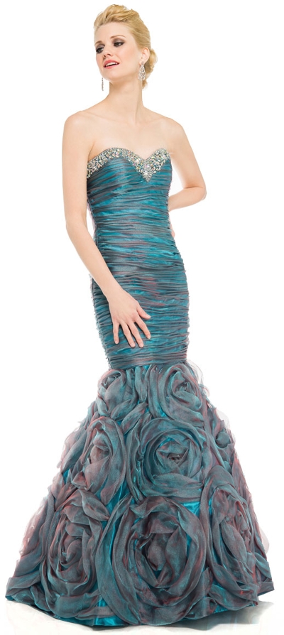 Two Tone Mermaid Style Shirred Strapless Prom Dress
