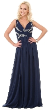 Deep V-Neck Ruched Floor Length Formal Prom Dress in Navy