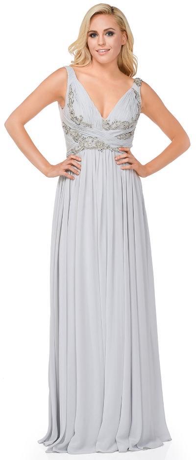 Deep V-Neck Ruched Floor Length Formal Prom Dress